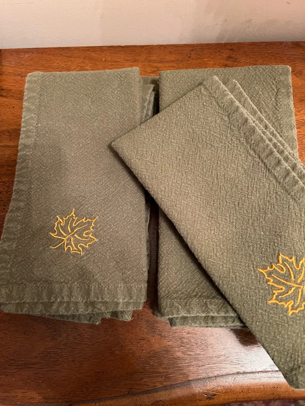 Vintage Embroidered Leaf Olive Green Cotton Napkins - Set of 8